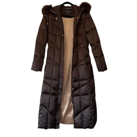 1 Madison Limited Collection Long Puffer Coat Fox Fur Trimmed Hood Brown Size S - Picture 2 of 8